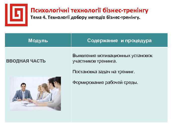 Психологічні технології бізнес-тренінгу Тема 4. Технології добору методів бізнес-тренінгу. Модуль ВВОДНАЯ ЧАСТЬ Содержание и