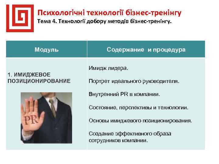 Психологічні технології бізнес-тренінгу Тема 4. Технології добору методів бізнес-тренінгу. Модуль Содержание и процедура Имидж