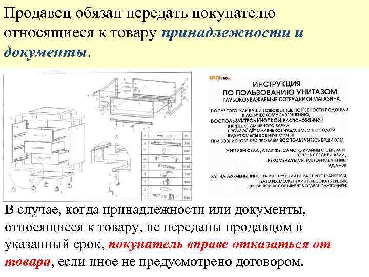 Продавец обязан передать покупателю относящиеся к товару принадлежности и документы. В случае, когда принадлежности