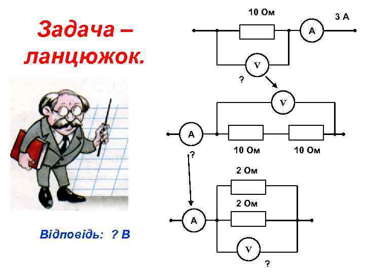 10 Ом Задача – ланцюжок. 3 А А V ? V А ? 10