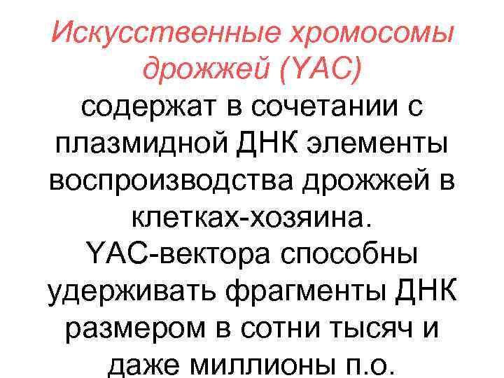 Искусственные хромосомы дрожжей (YAC) содержат в сочетании с плазмидной ДНК элементы воспроизводства дрожжей в