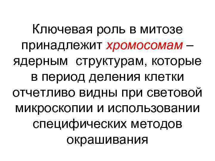 Ключевая роль в митозе принадлежит хромосомам – ядерным структурам, которые в период деления клетки