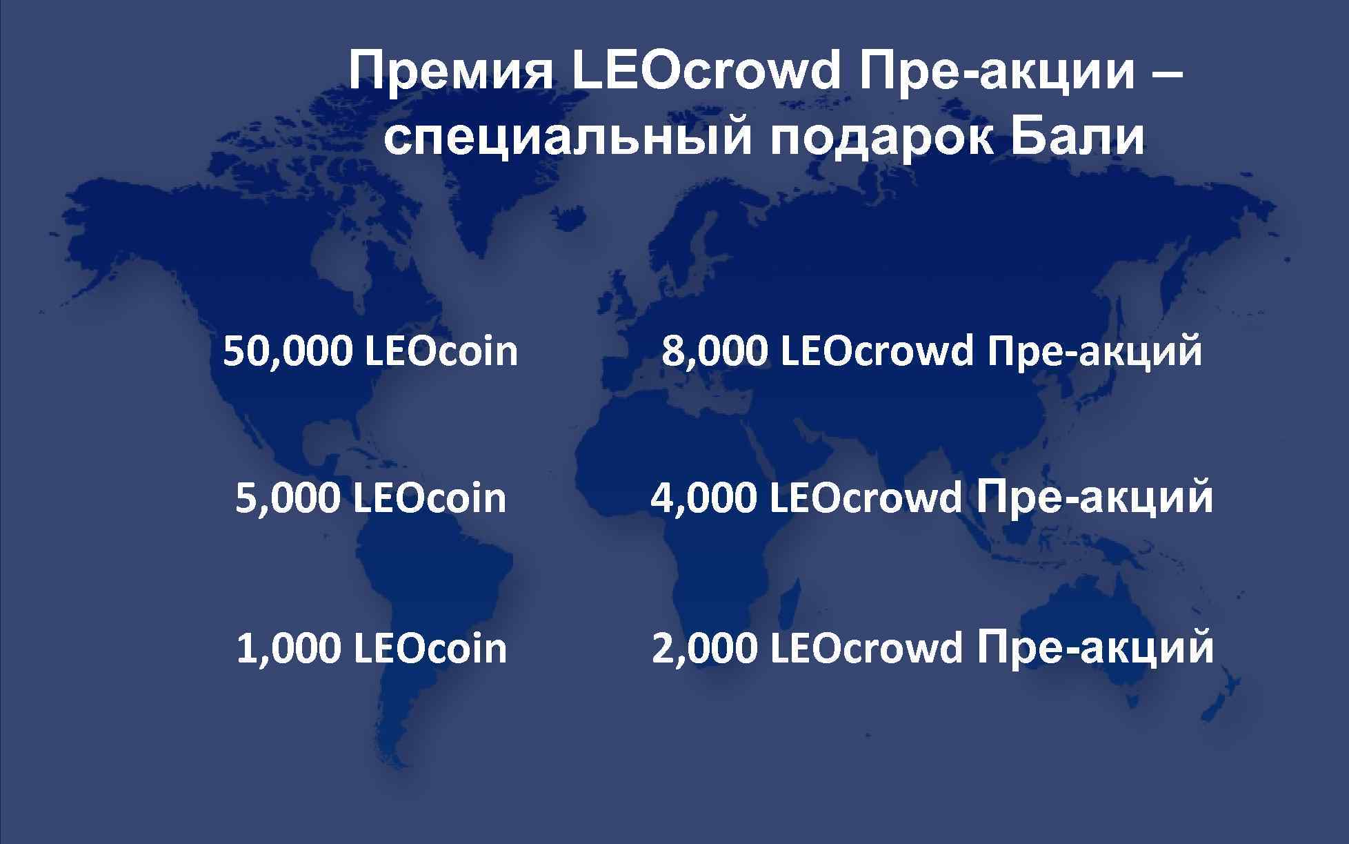 Премия LEOcrowd Пре-акции – специальный подарок Бали 50, 000 LEOcoin 8, 000 LEOcrowd Пре-акций