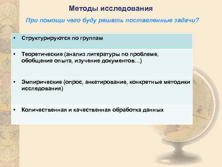 Методы исследования При помощи чего буду решать поставленные задачи? • Структурируются по группам •