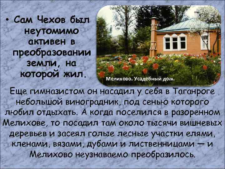  • Сам Чехов был неутомимо активен в преобразовании земли, на которой жил. Мелихово.