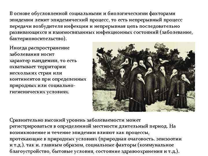 В основе обусловленной социальными и биологическими факторами эпидемии лежит эпидемический процесс, то есть непрерывный