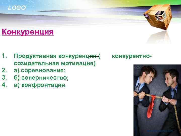 LOGO Конкуренция 1. 2. 3. 4. 1 Продуктивная конкуренция ( созидательная мотивация) а) соревнование;