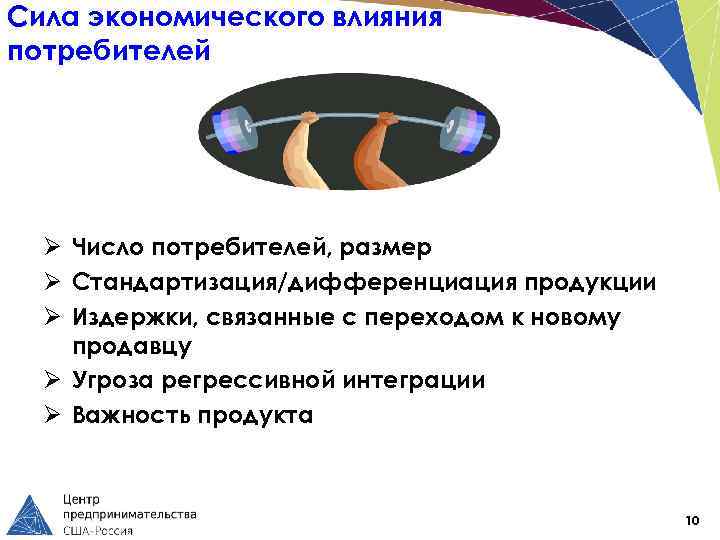 Сила экономического влияния потребителей Ø Число потребителей, размер Ø Стандартизация/дифференциация продукции Ø Издержки, связанные