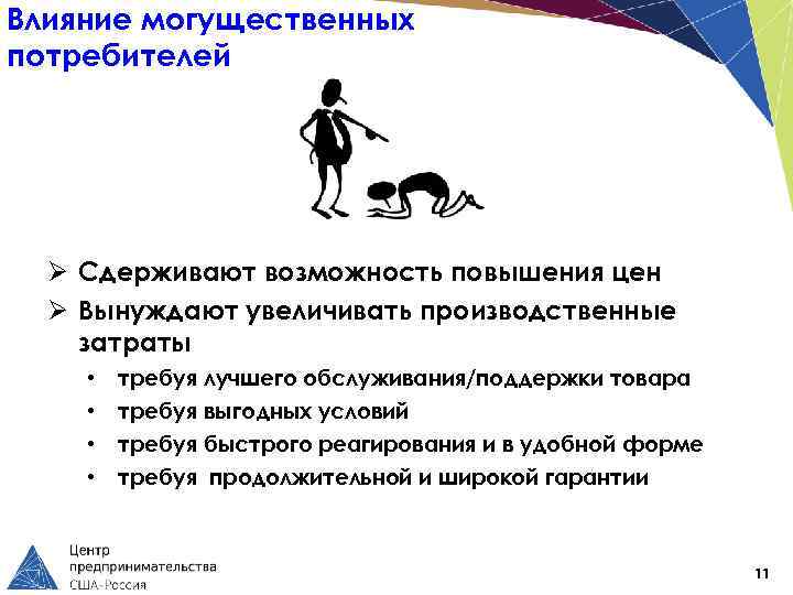 Влияние могущественных потребителей Ø Сдерживают возможность повышения цен Ø Вынуждают увеличивать производственные затраты •