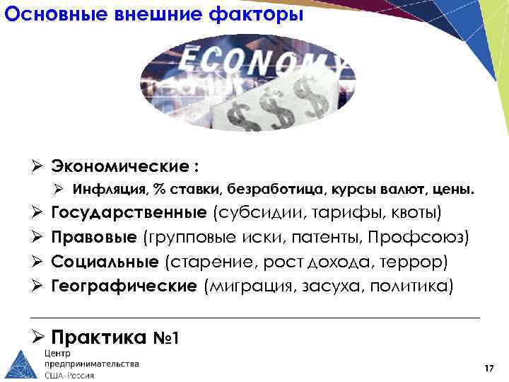 Основные внешние факторы Ø Экономические : Ø Инфляция, % ставки, безработица, курсы валют, цены.