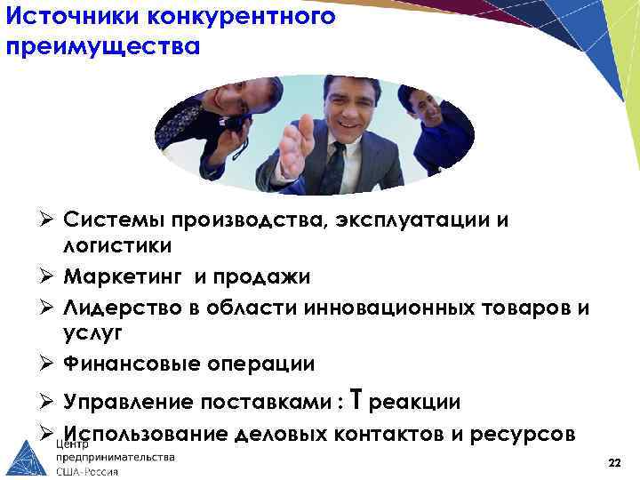 Источники конкурентного преимущества Ø Системы производства, эксплуатации и логистики Ø Маркетинг и продажи Ø