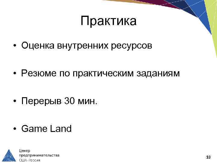 Практика • Оценка внутренних ресурсов • Резюме по практическим заданиям • Перерыв 30 мин.