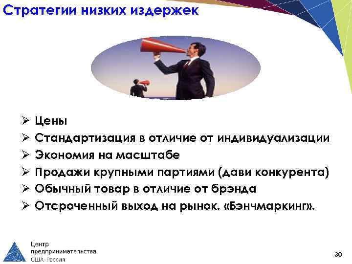 Стратегии низких издержек Ø Ø Ø Цены Стандартизация в отличие от индивидуализации Экономия на