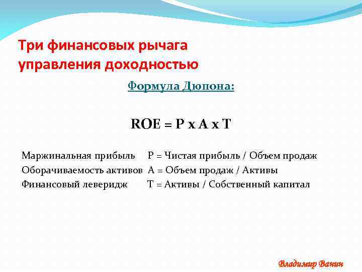 Три финансовых рычага управления доходностью Формула Дюпона: ROE = P x A x T