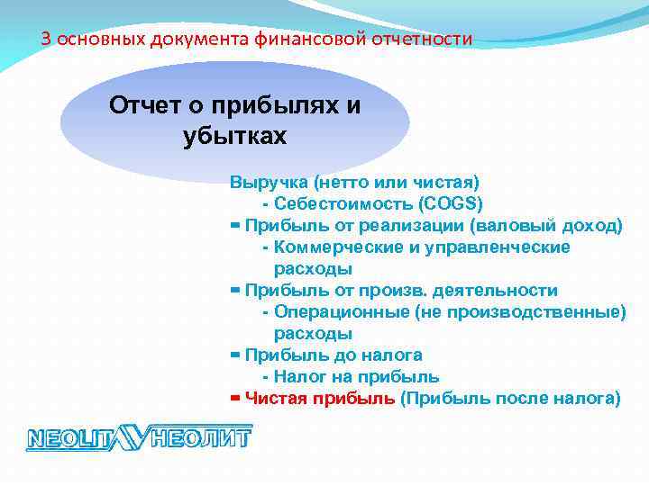 3 основных документа финансовой отчетности Отчет о прибылях и убытках Выручка (нетто или чистая)