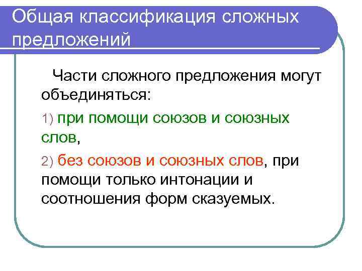 Общая классификация сложных предложений Части сложного предложения могут объединяться: 1) при помощи союзов и