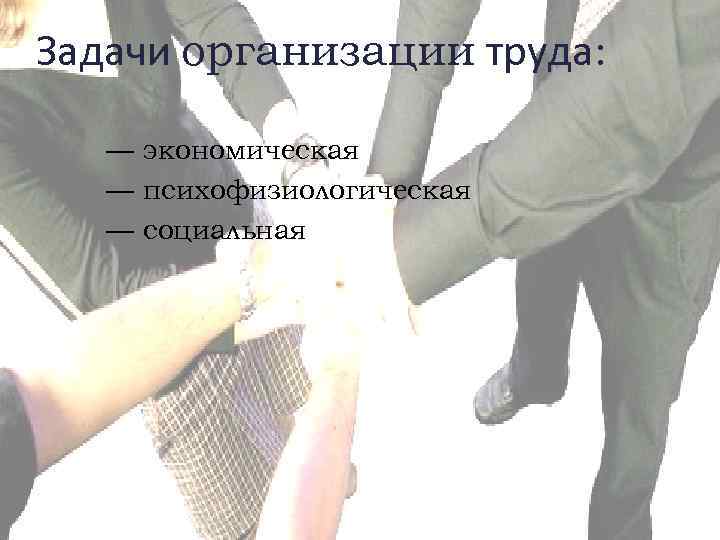 Задачи организации труда: — экономическая — психофизиологическая — социальная 