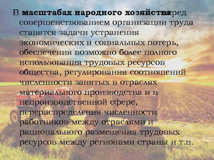 В масштабах народного хозяйства перед совершенствованием организации труда ставятся задачи устранения экономических и социальных