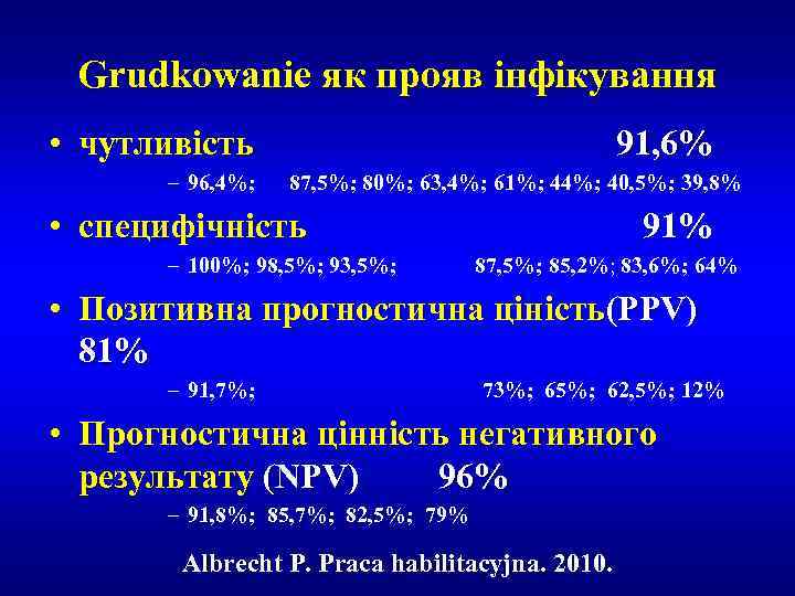 Grudkowanie як прояв інфікування • чутливість 91, 6% – 96, 4%; 87, 5%; 80%;