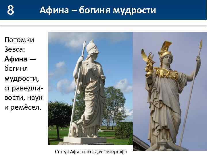 8 Афина – богиня мудрости Потомки Зевса: Афина — богиня мудрости, справедливости, наук и
