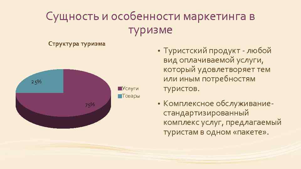 Сущность и особенности маркетинга в туризме Структура туризма • Туристский продукт - любой вид