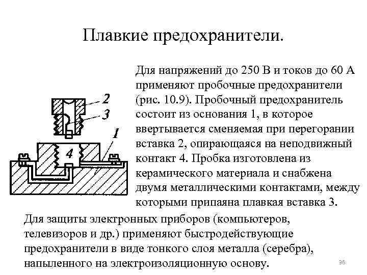 Плавкие предохранители. Для напряжений до 250 В и токов до 60 А применяют пробочные