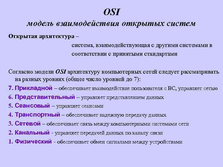 OSI модель взаимодействия открытых систем Открытая архитектура – система, взаимодействующая с другими системами в