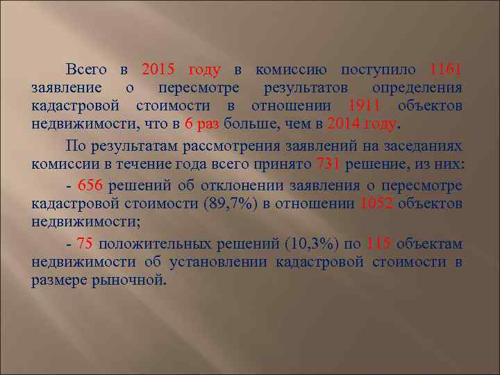 Всего в 2015 году в комиссию поступило 1161 заявление о пересмотре результатов определения кадастровой