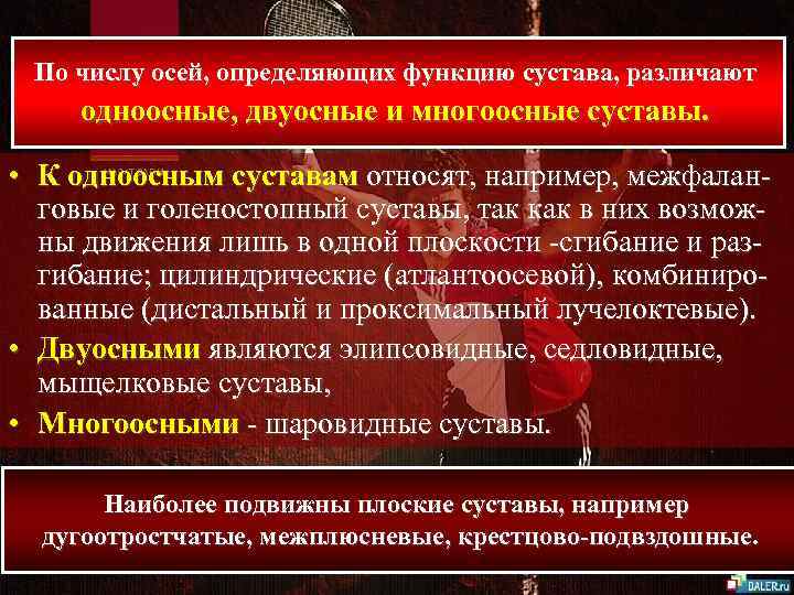 По числу осей, определяющих функцию сустава, различают одноосные, двуосные и многоосные суставы. • К