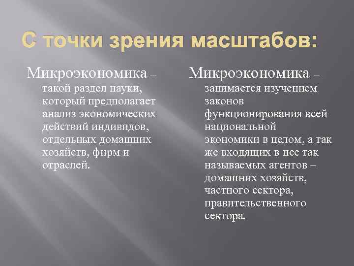 С точки зрения масштабов: Микроэкономика – такой раздел науки, который предполагает анализ экономических действий