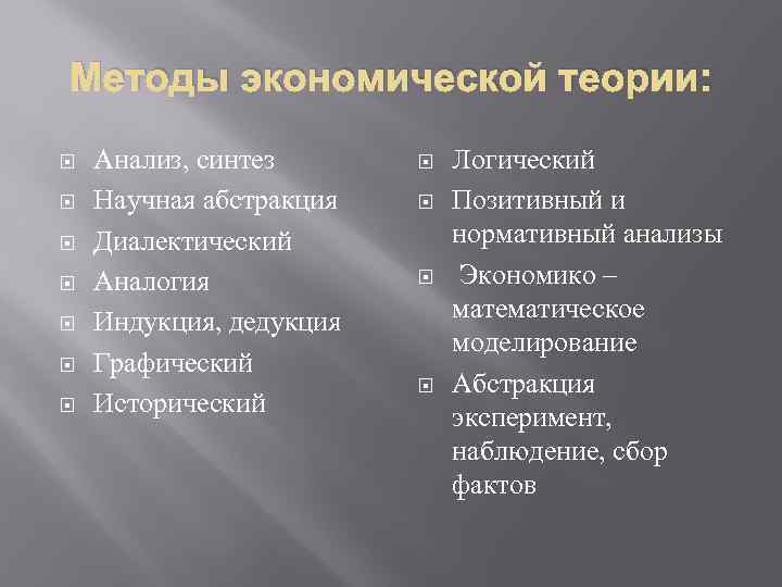 Методы экономической теории: Анализ, синтез Научная абстракция Диалектический Аналогия Индукция, дедукция Графический Исторический Логический