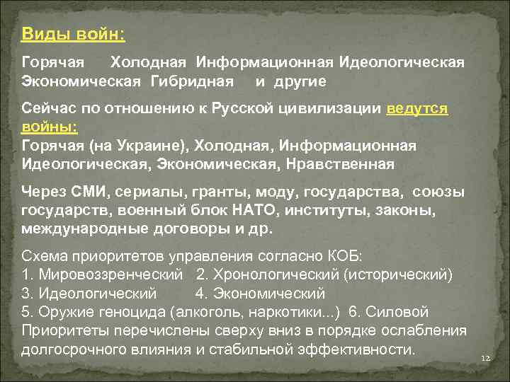 Виды войн: Горячая Холодная Информационная Идеологическая Экономическая Гибридная и другие Сейчас по отношению к