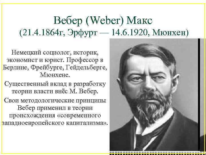 Вебер (Weber) Макс (21. 4. 1864 г, Эрфурт — 14. 6. 1920, Мюнхен) Немецкий