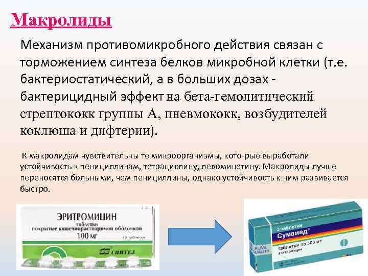 Макролиды Механизм противомикробного действия связан с торможением синтеза белков микробной клетки (т. е. бактериостатический,