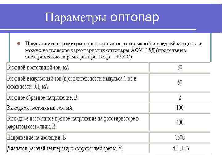 Параметры оптопар l Представить параметры тиристорных оптопар малой и средней мощности можно на примере