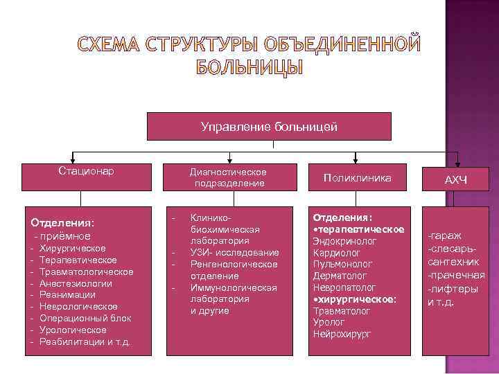 Подразделение отделение. Органы управления больницы. Структура объединенной больницы. Управление больницей. Стационарное отделение больницы структура.