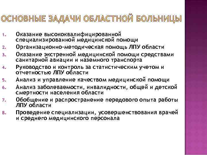 ОСНОВНЫЕ ЗАДАЧИ ОБЛАСТНОЙ БОЛЬНИЦЫ 1. 2. 3. 4. 5. 6. 7. 8. Оказание высококвалифицированной