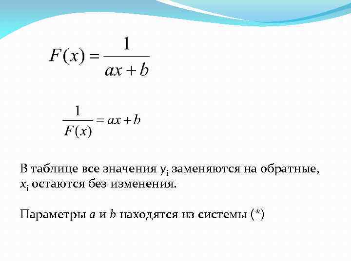 В таблице все значения yi заменяются на обратные, xi остаются без изменения. Параметры a