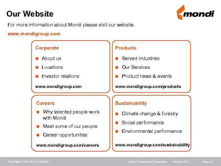 Our Website For more information about Mondi please visit our website www. mondigroup. com