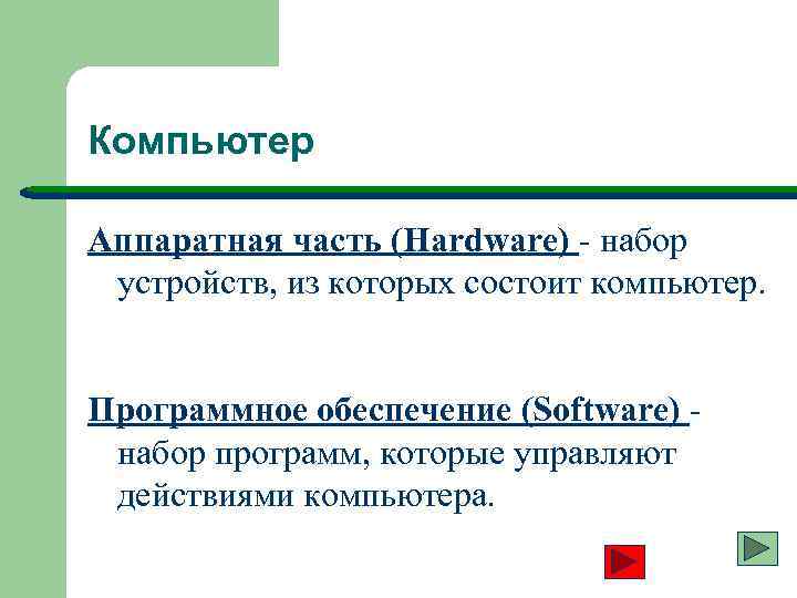 Компьютер Аппаратная часть (Hardware) - набор устройств, из которых состоит компьютер. Программное обеспечение (Software)