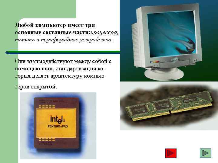 Любой компьютер имеет три основные составные части: процессор, память и периферийные устройства. Они взаимодействуют