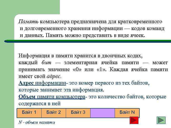 Память компьютера предназначена для кратковременного и долговременного хранения информации — кодов команд и данных.