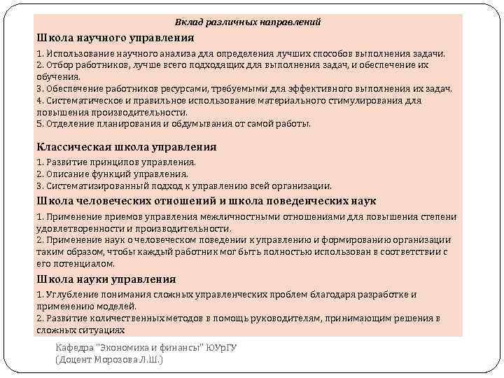 Вклад различных направлений Школа научного управления 1. Использование научного анализа для определения лучших способов