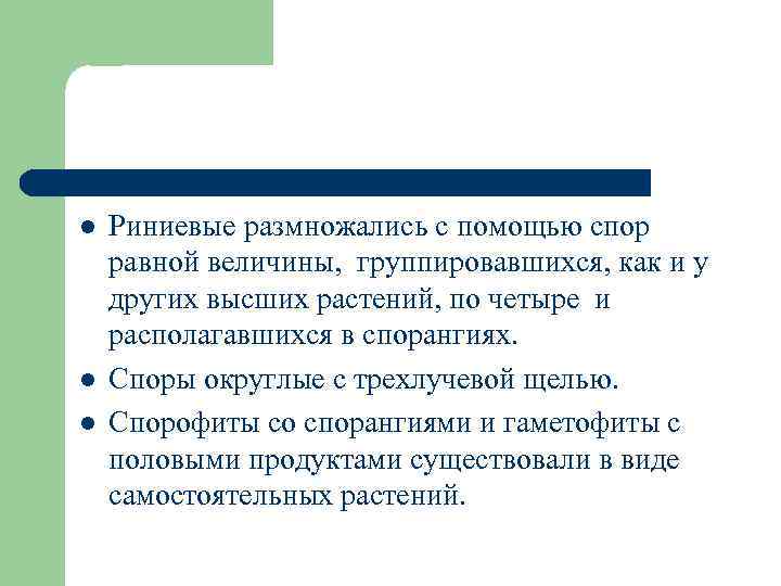 l l l Риниевые размножались с помощью спор равной величины, группировавшихся, как и у