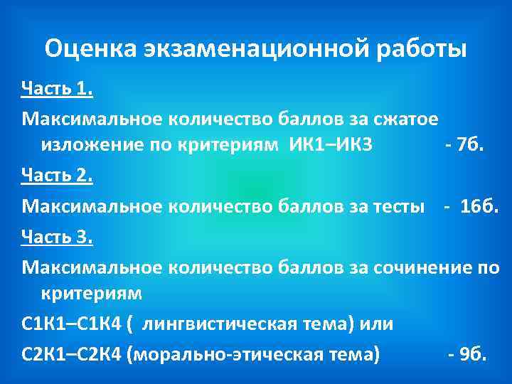 Оценка экзаменационной работы Часть 1. Максимальное количество баллов за сжатое изложение по критериям ИК