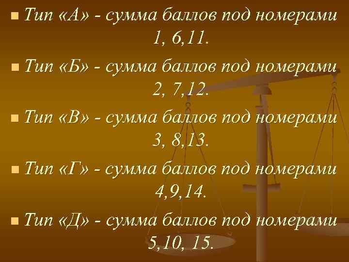 n Тип «А» сумма баллов под номерами 1, 6, 11. n Тип «Б» сумма