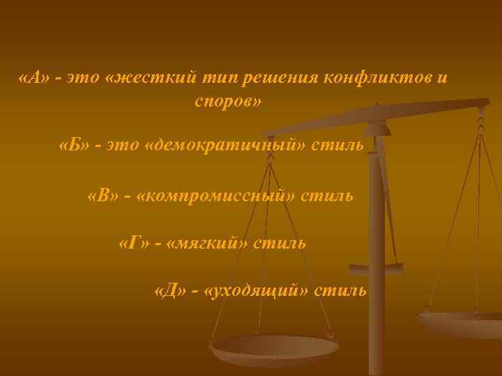  «А» это «жесткий тип решения конфликтов и споров» «Б» это «демократичный» стиль «В»