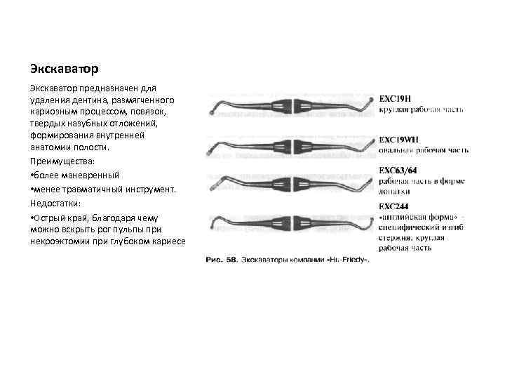 Экскаватор предназначен для удаления дентина, размягченного кариозным процессом, повязок, твердых назубных отложений, формирования внутренней