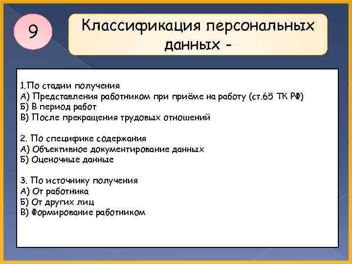 9 Классификация персональных данных - 1. По стадии получения А) Представления работником приёме на