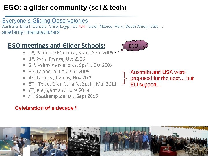 EGO: a glider community (sci & tech) Everyone’s Gliding Observatories Australia, Brazil, Canada, Chile,